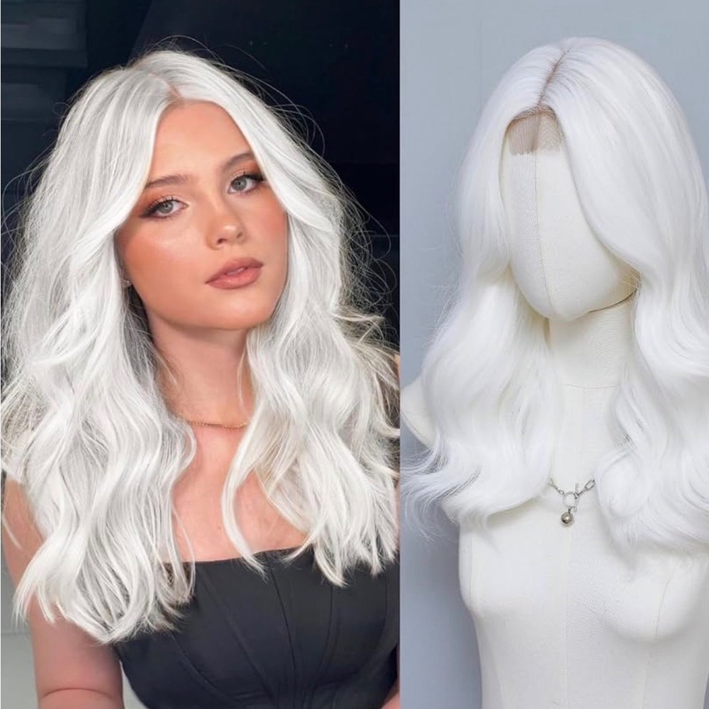 NWT KOME White Wavy Synthetic Wig 18" Middle Part Realistic Scalp Wig Cap